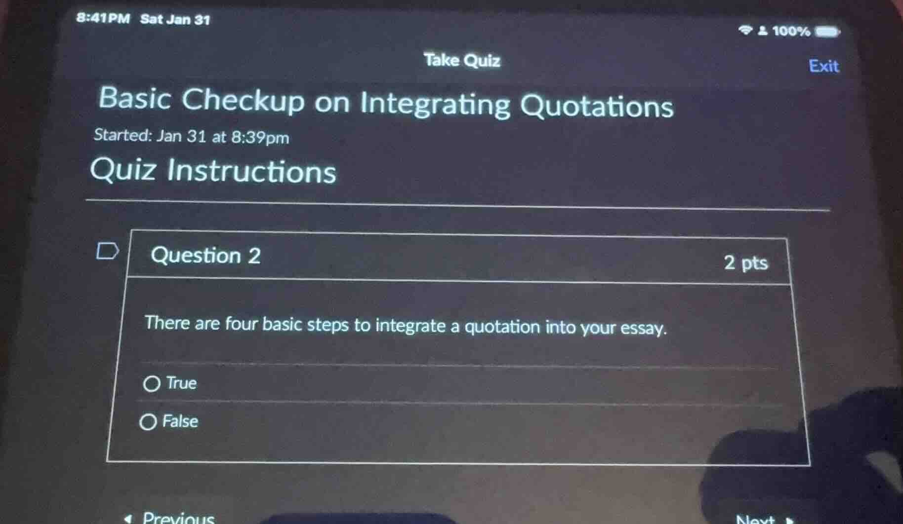 take quiz basic checkup on integrating quotations started: jan 31 at 8:…