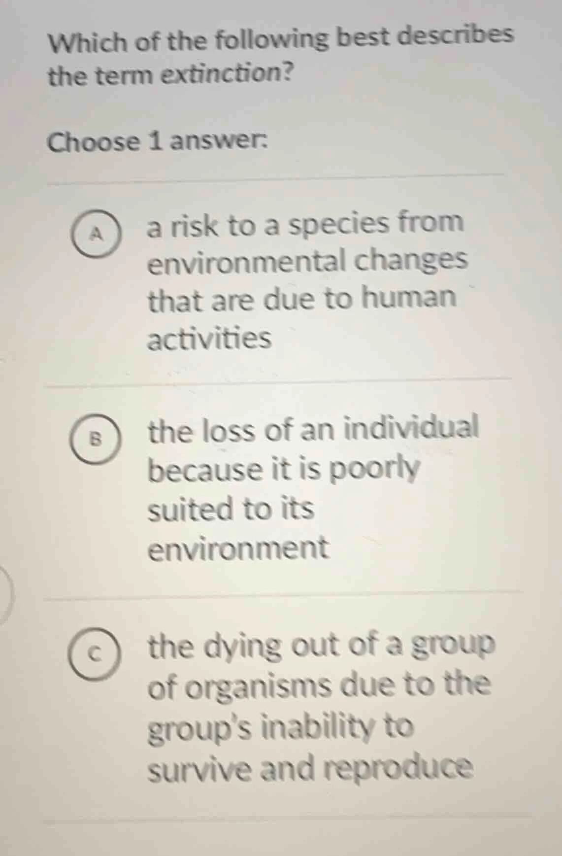 which of the following best describes the term extinction? choose 1 ans…