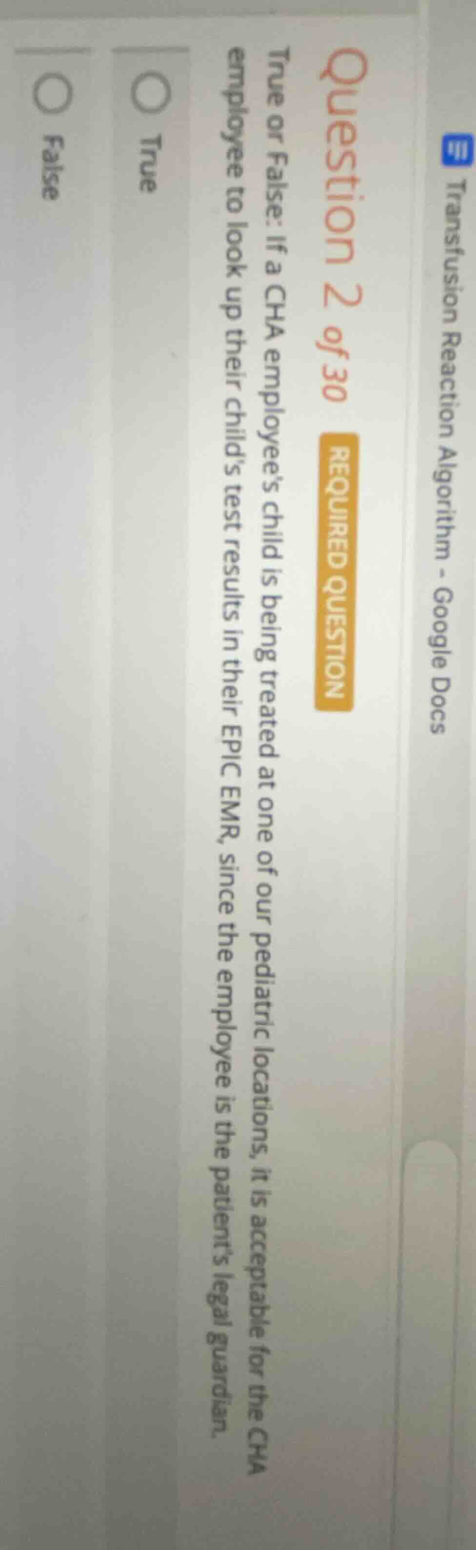 question 2 of 30 required question true or false: if a cha employees ch…