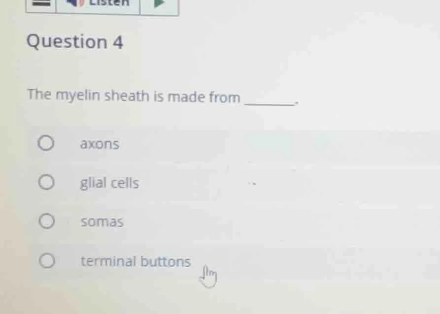 question 4 the myelin sheath is made from ______. axons glial cells som…