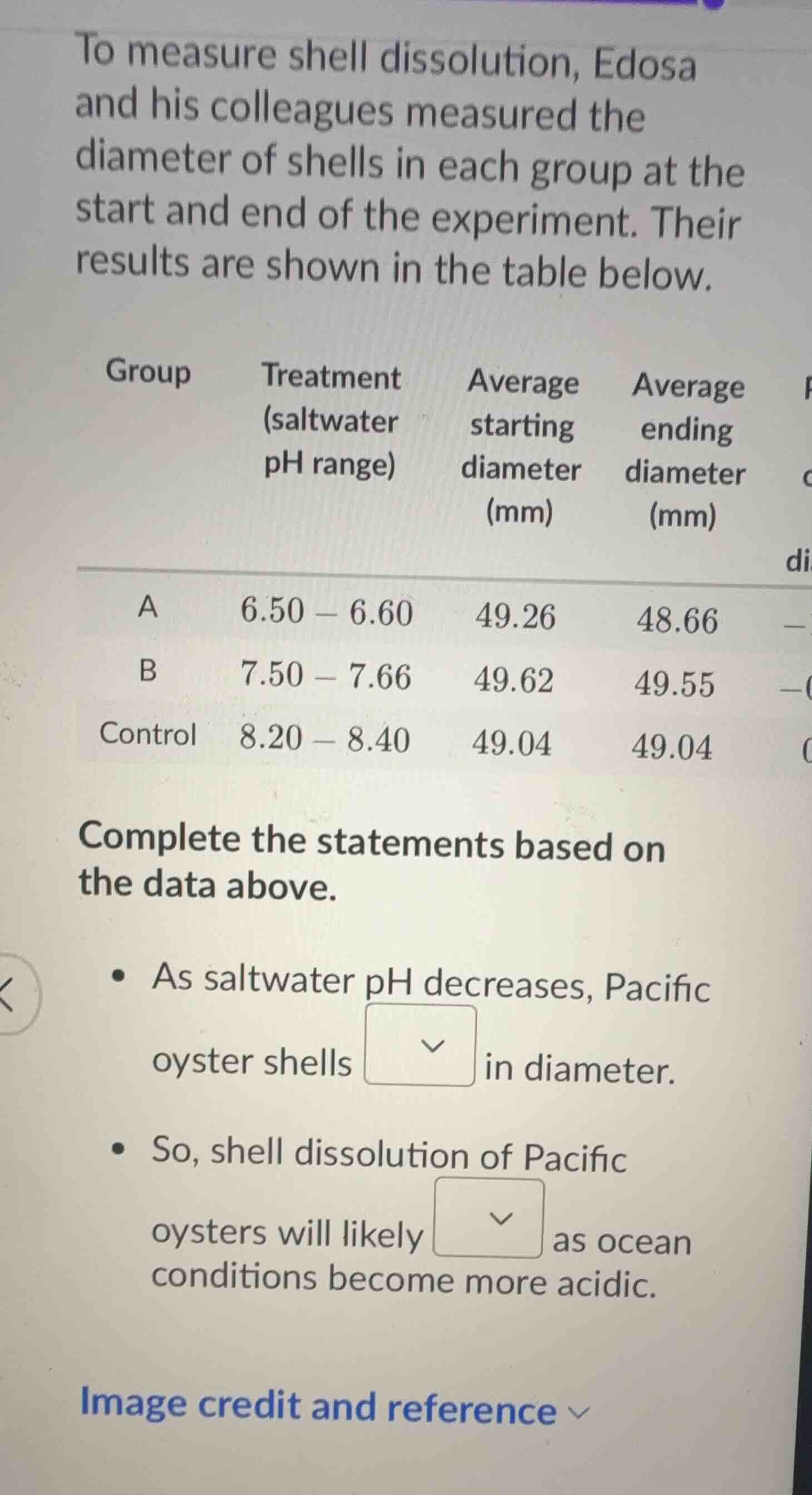 to measure shell dissolution, edosa and his colleagues measured the dia…