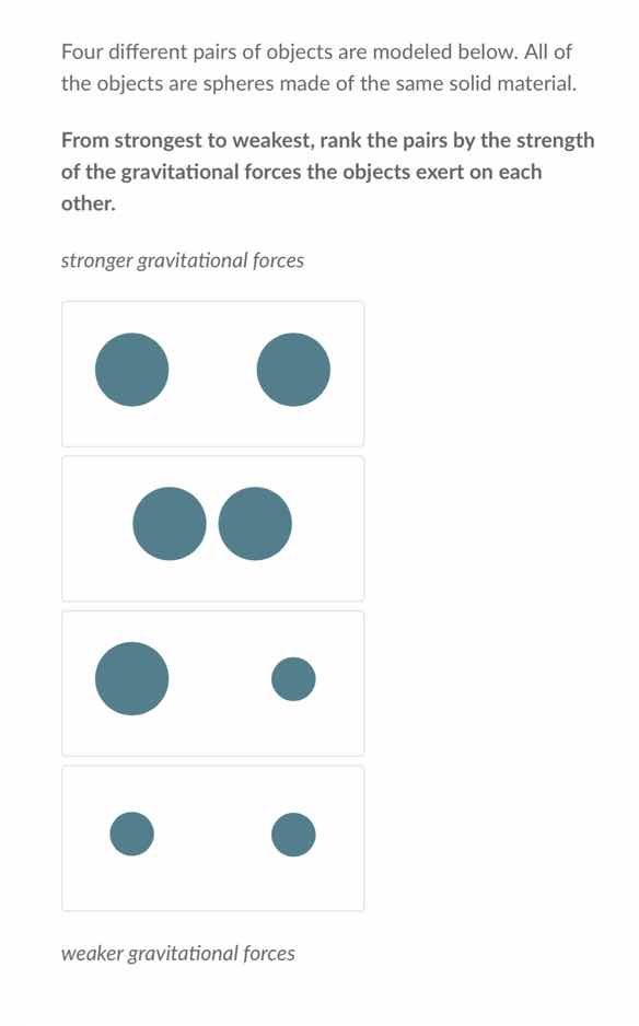 four different pairs of objects are modeled below. all of the objects a…