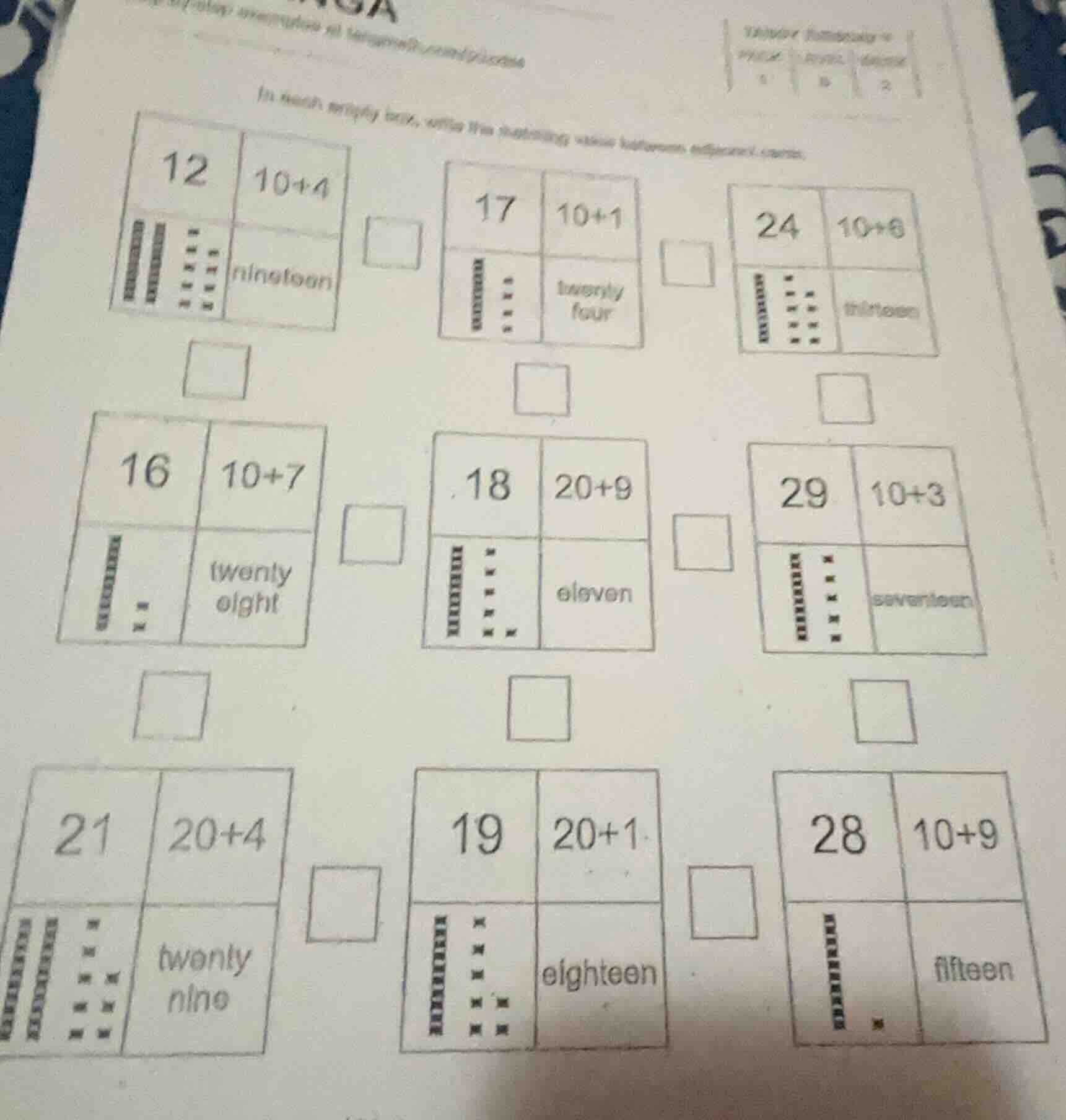 in each empty box, write the matching value between different forms.