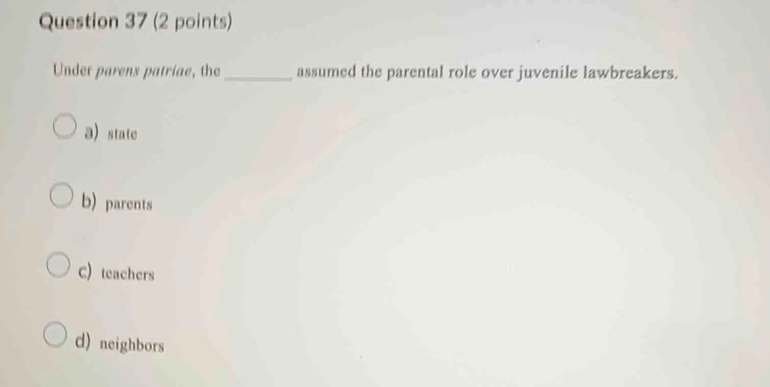 question 37 (2 points) under parens patriae, the ______ assumed the par…