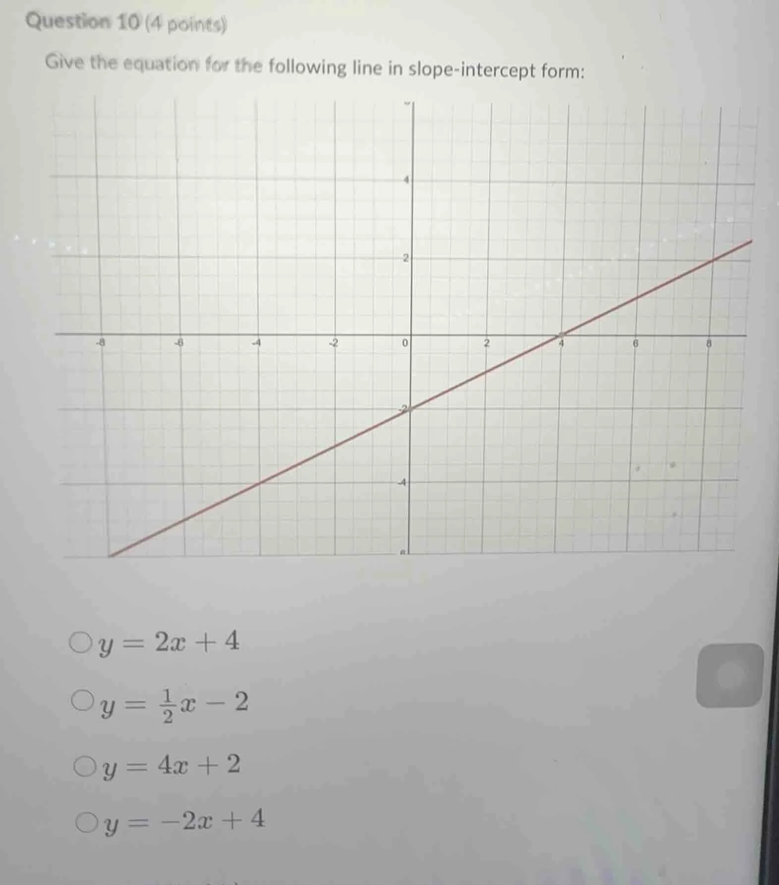 question 10 (4 points) give the equation for the following line in slop…