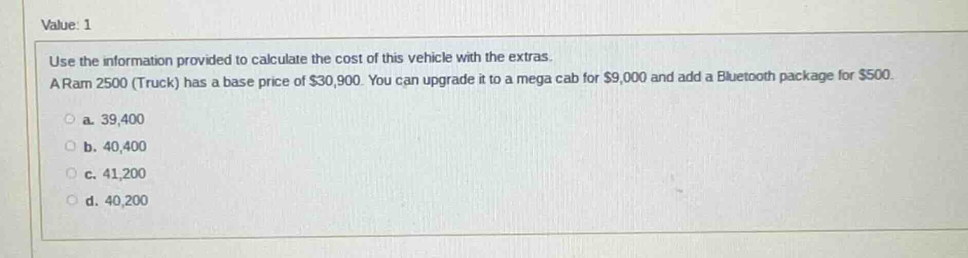 value: 1 use the information provided to calculate the cost of this veh…