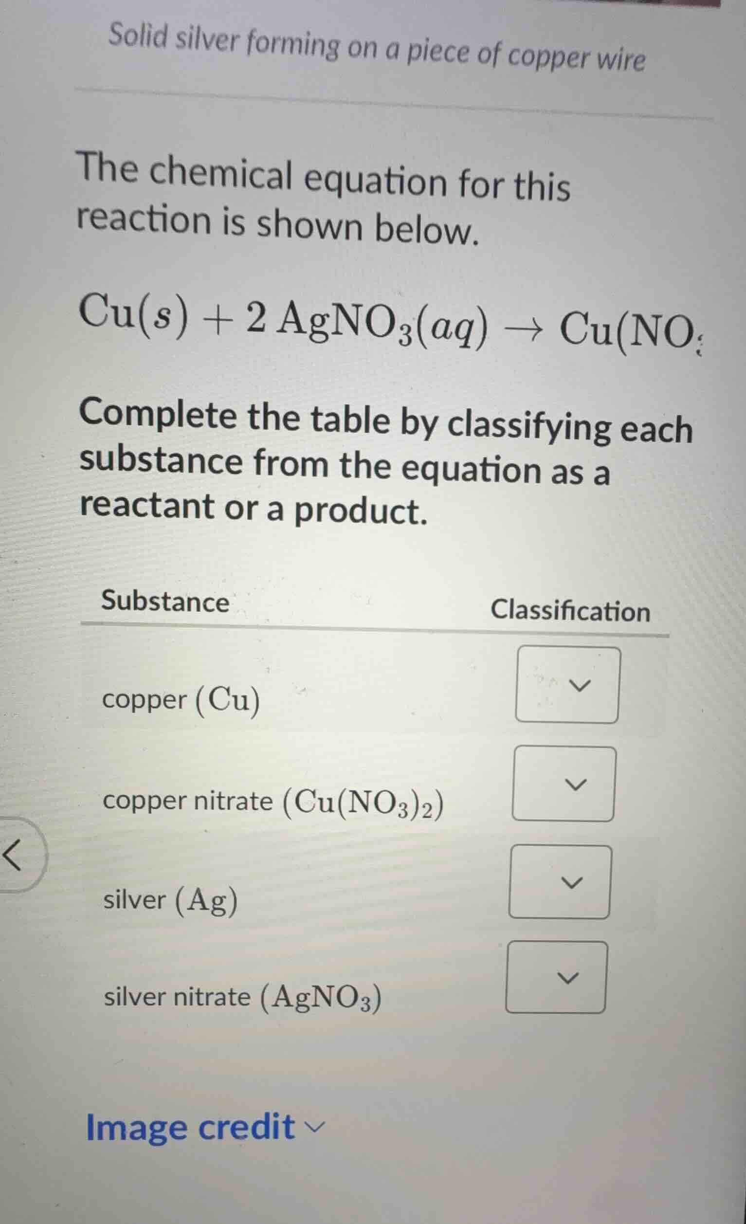 solid silver forming on a piece of copper wire the chemical equation fo…