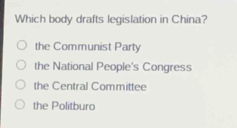 which body drafts legislation in china? the communist party the nationa…
