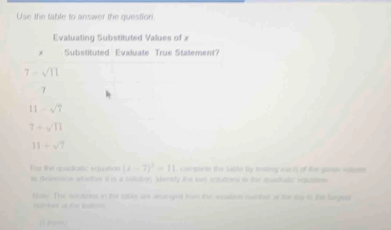 use the table to answer the question. evaluating substituted values of …