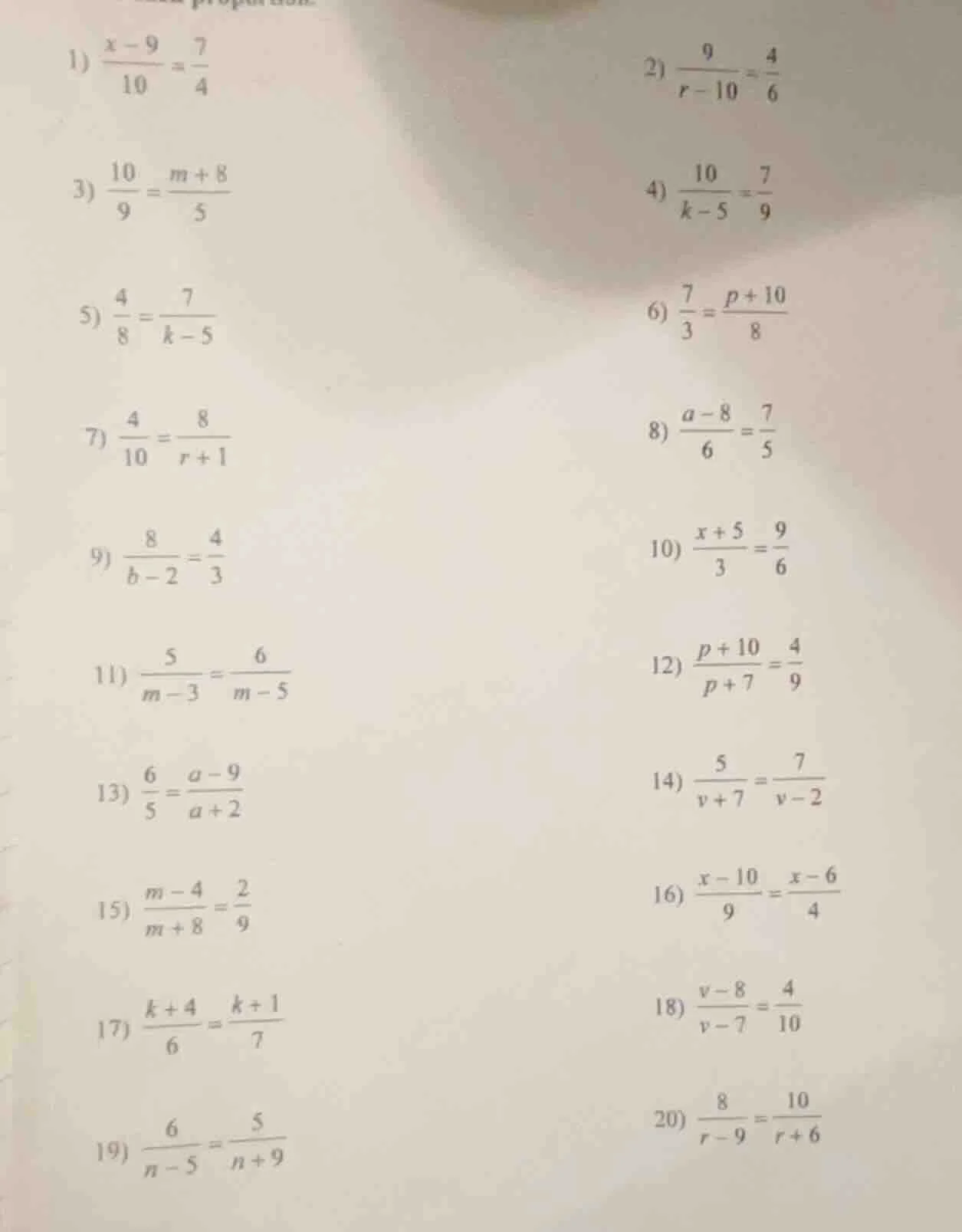 1) \\(\\frac{x - 9}{10} = \\frac{7}{4}\\)\ 2) \\(\\frac{9}{r - 10} = \\…