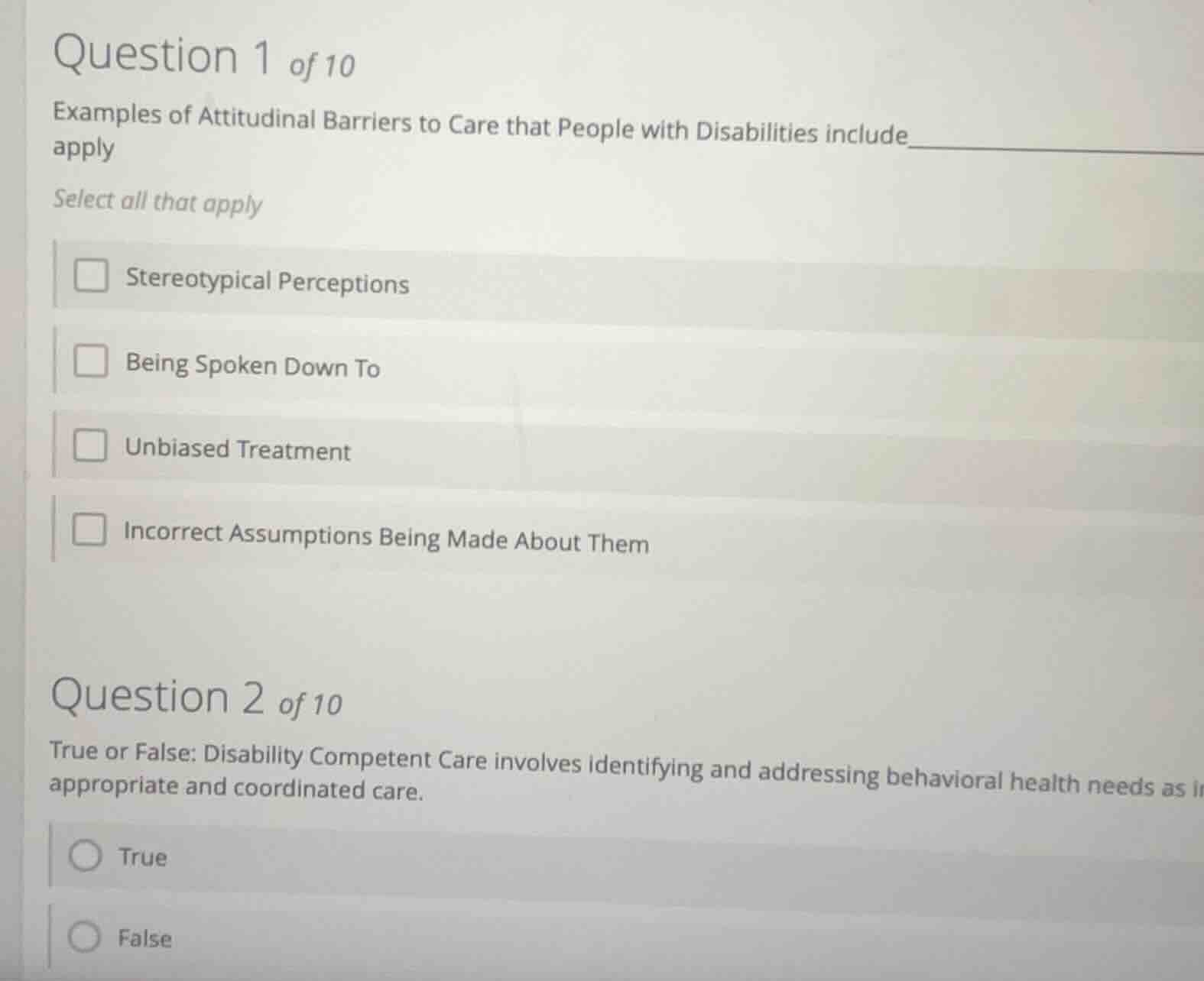 question 1 of 10 examples of attitudinal barriers to care that people w…