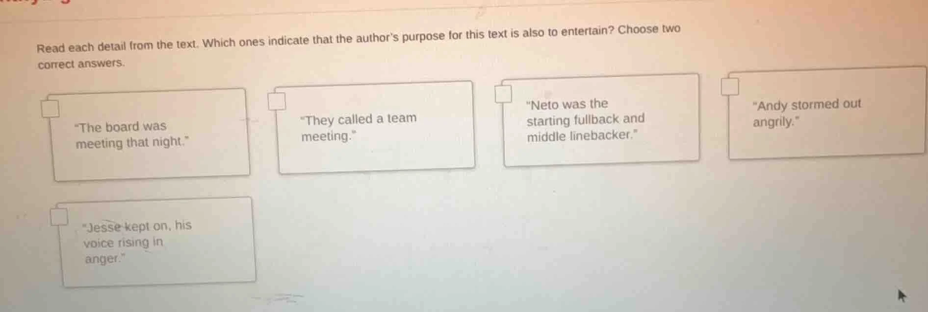 read each detail from the text. which ones indicate that the author’s p…