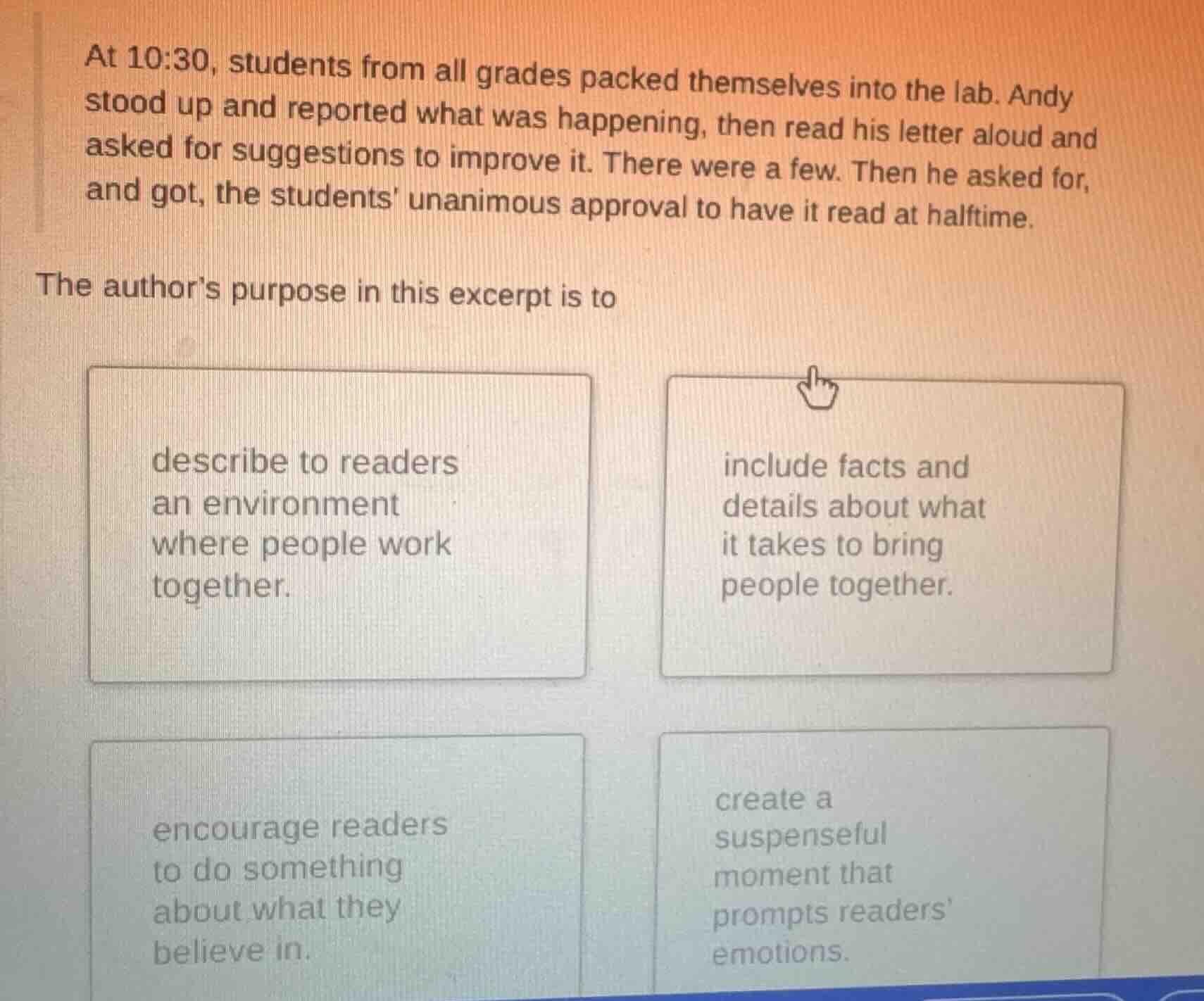 at 10:30, students from all grades packed themselves into the lab. andy…