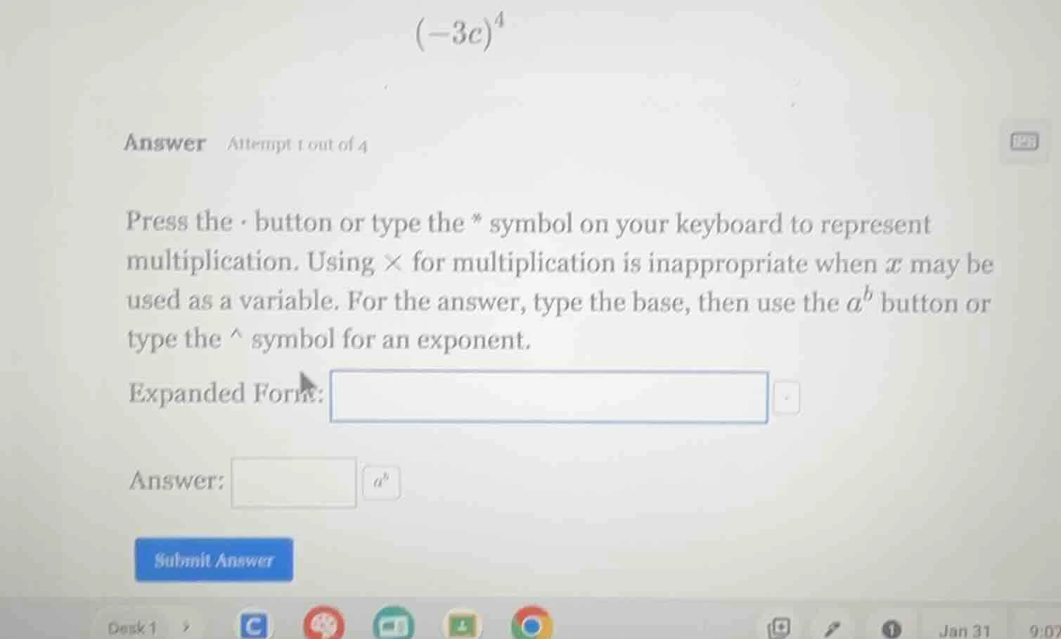 (-3c)^4 answer attempt 1 out of 4 press the · button or type the * symb…