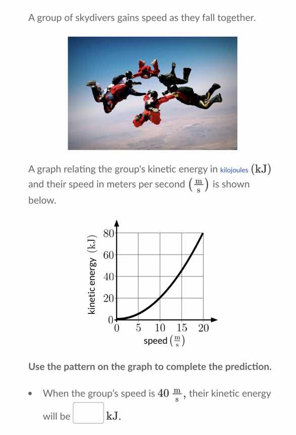 a group of skydivers gains speed as they fall together. a graph relatin…