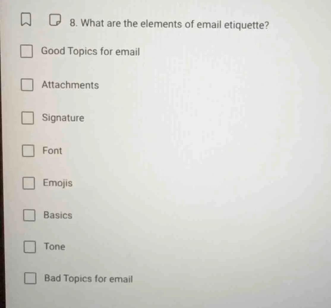 8. what are the elements of email etiquette? good topics for email atta…