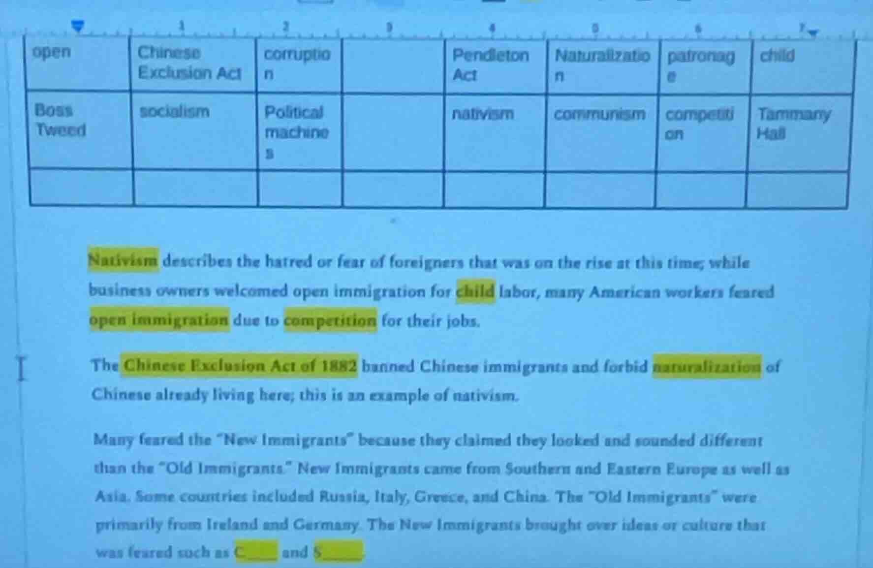 open\tchinese exclusion act\tcorruption\t\tpendleton act\tnaturalizatio…