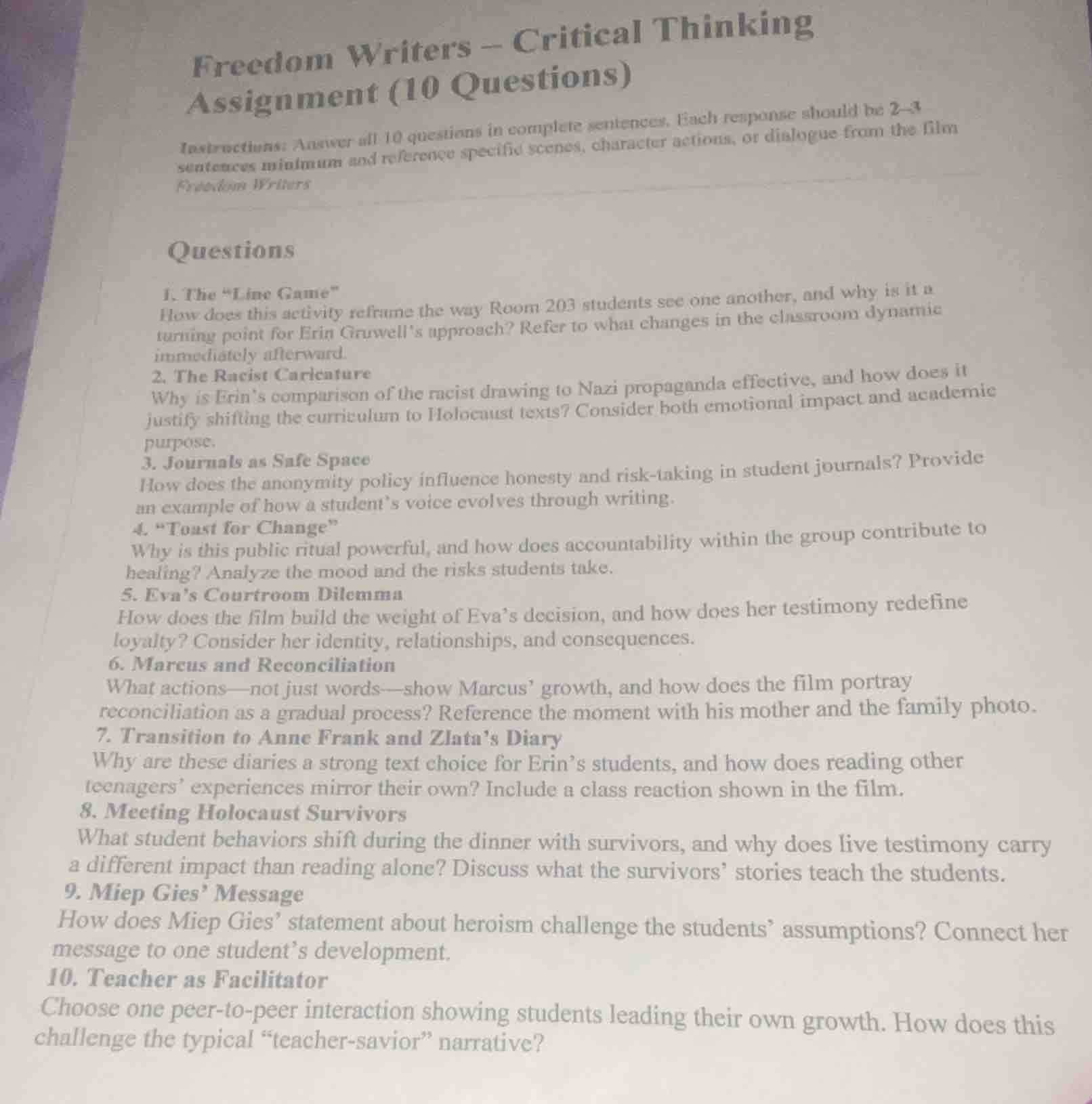 freedom writers – critical thinking assignment (10 questions) instructi…