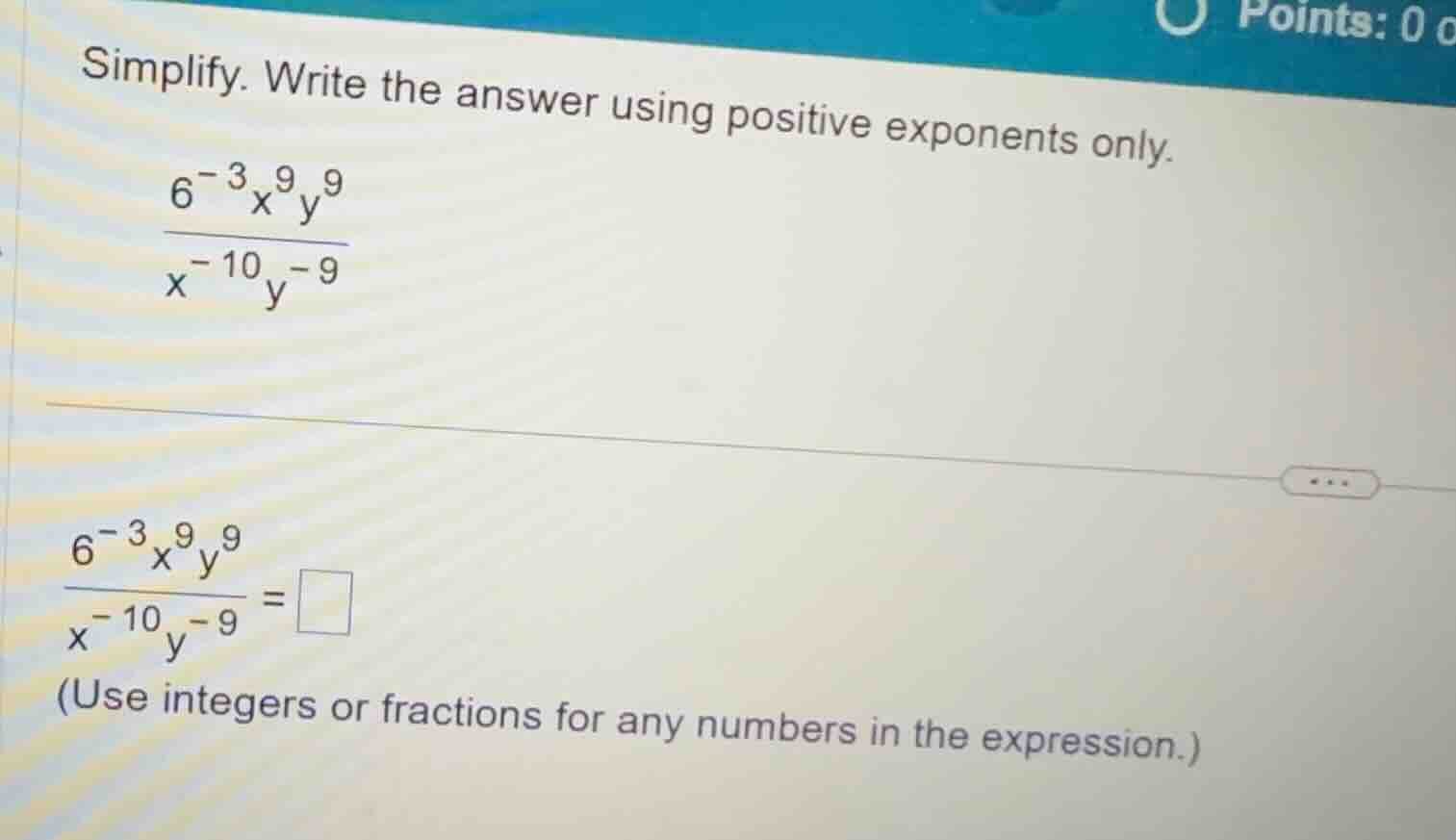 simplify. write the answer using positive exponents only.\\(\\frac{6^{-…
