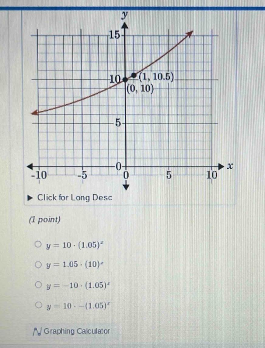 (1 point) \\( y = 10 \\cdot (1.05)^x \\) \\( y = 1.05 \\cdot (10)^x \\)…