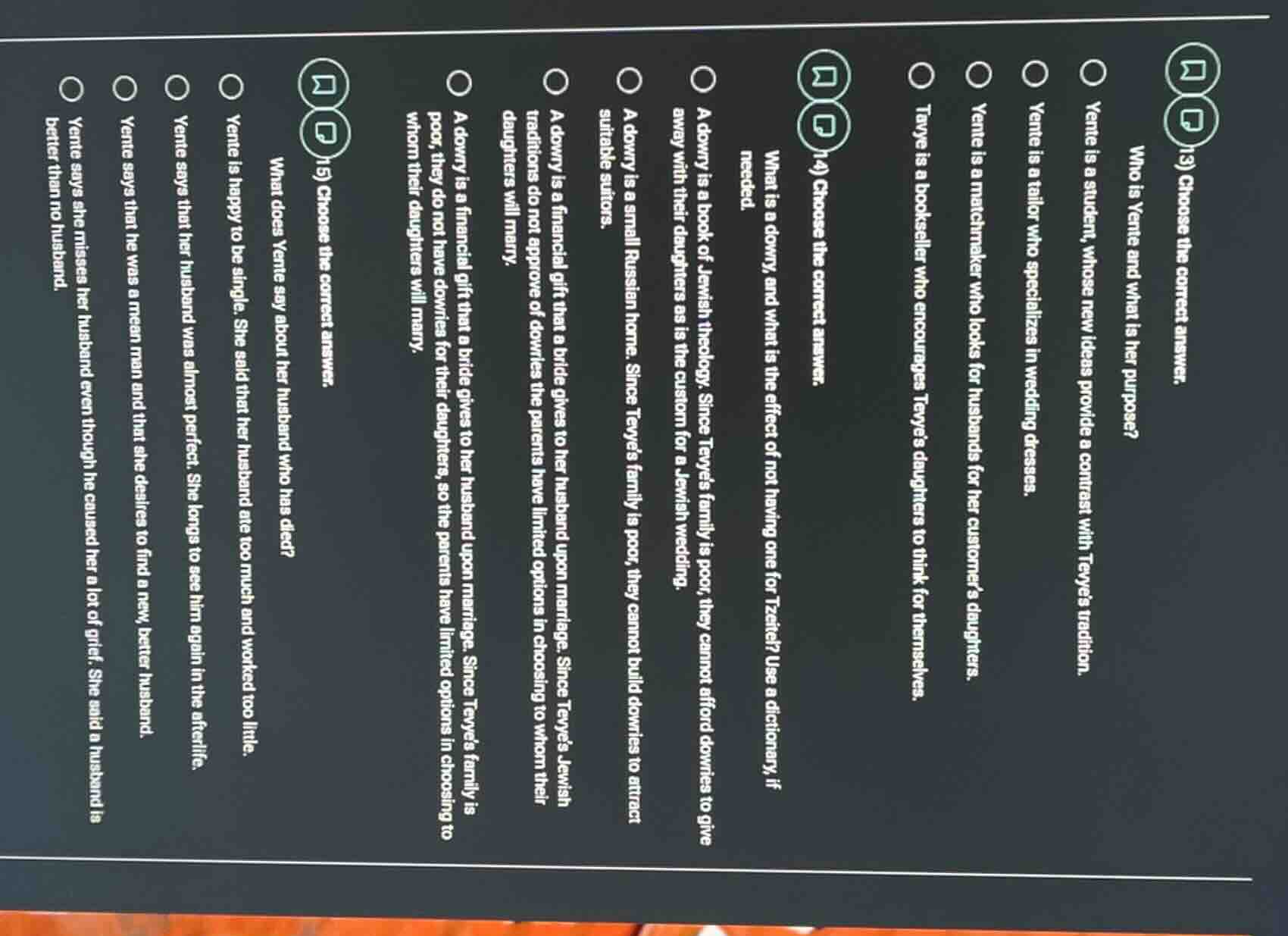 (13) choose the correct answer. who is yente and what is her purpose? y…