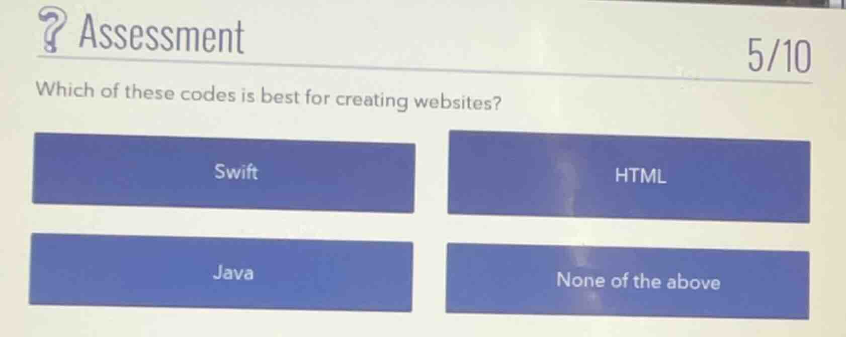 assessment 5/10 which of these codes is best for creating websites? swi…