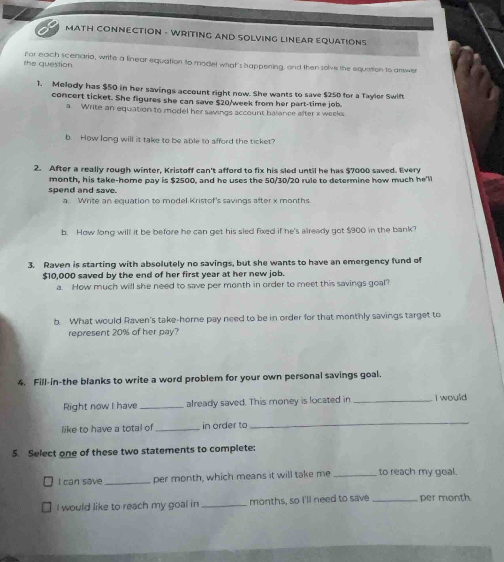 math connection - writing and solving linear equations for each scenari…