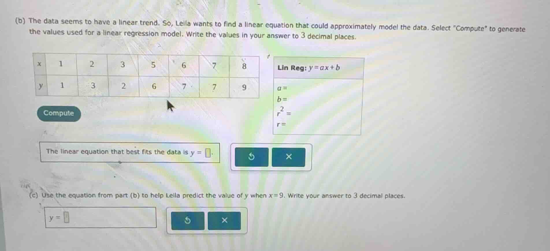 (b) the data seems to have a linear trend. so, leila wants to find a li…