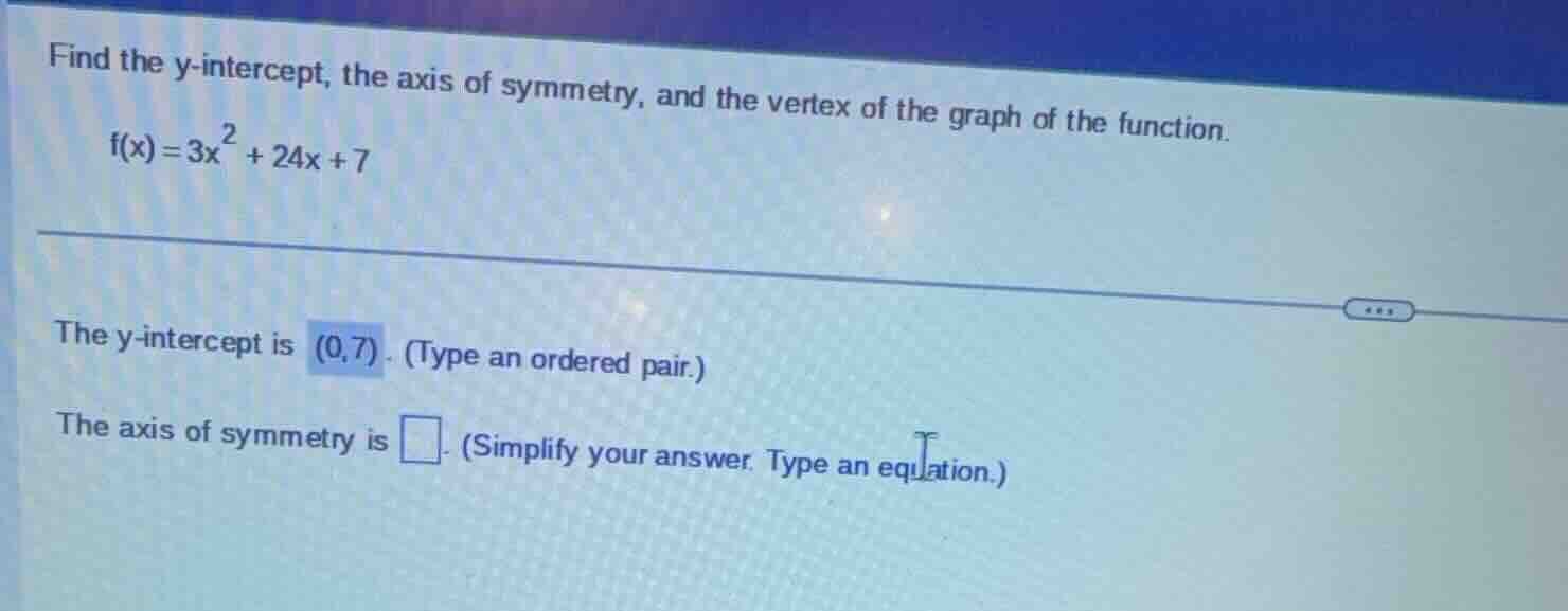find the y-intercept, the axis of symmetry, and the vertex of the graph…