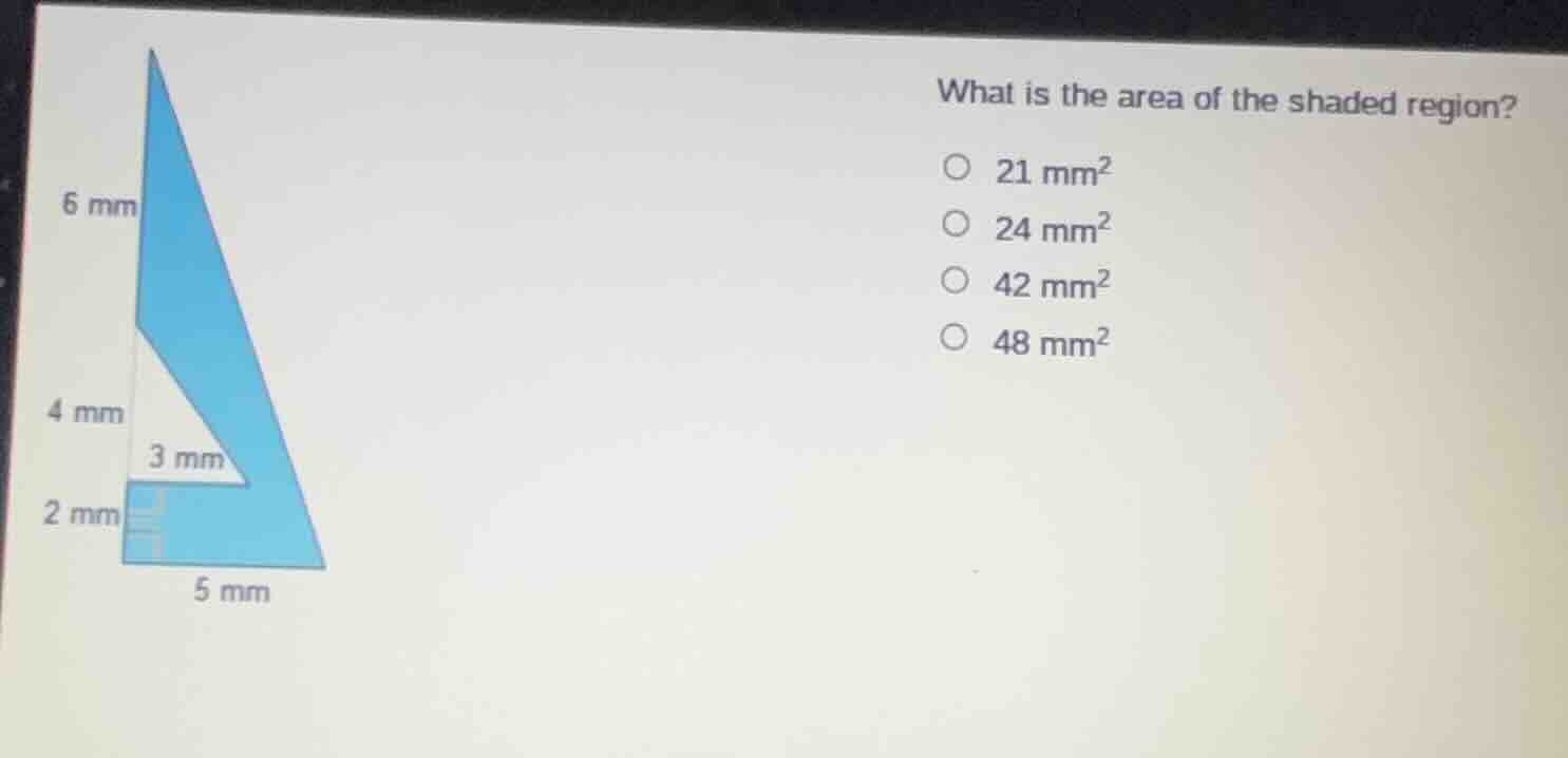 what is the area of the shaded region? 6 mm 4 mm 3 mm 2 mm 5 mm 21 mm² …