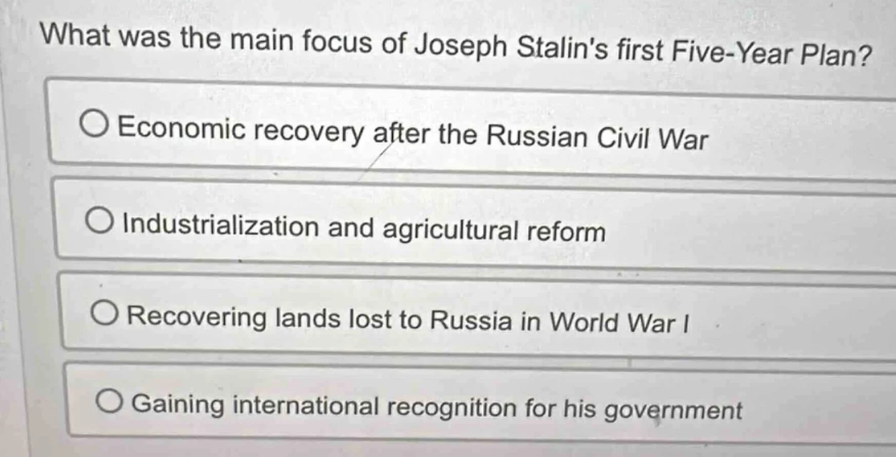 what was the main focus of joseph stalins first five-year plan? ○ econo…