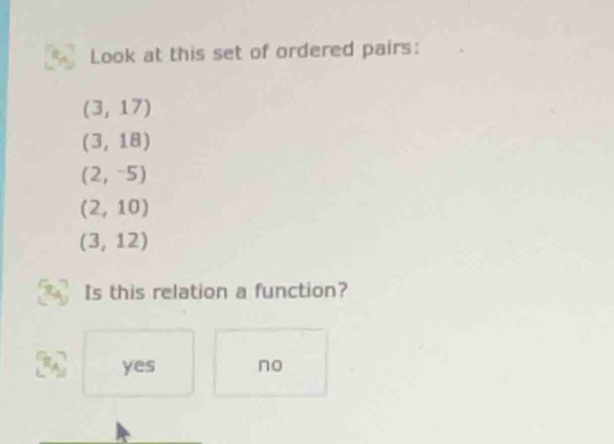 look at this set of ordered pairs: (3, 17) (3, 18) (2, -5) (2, 10) (3, …