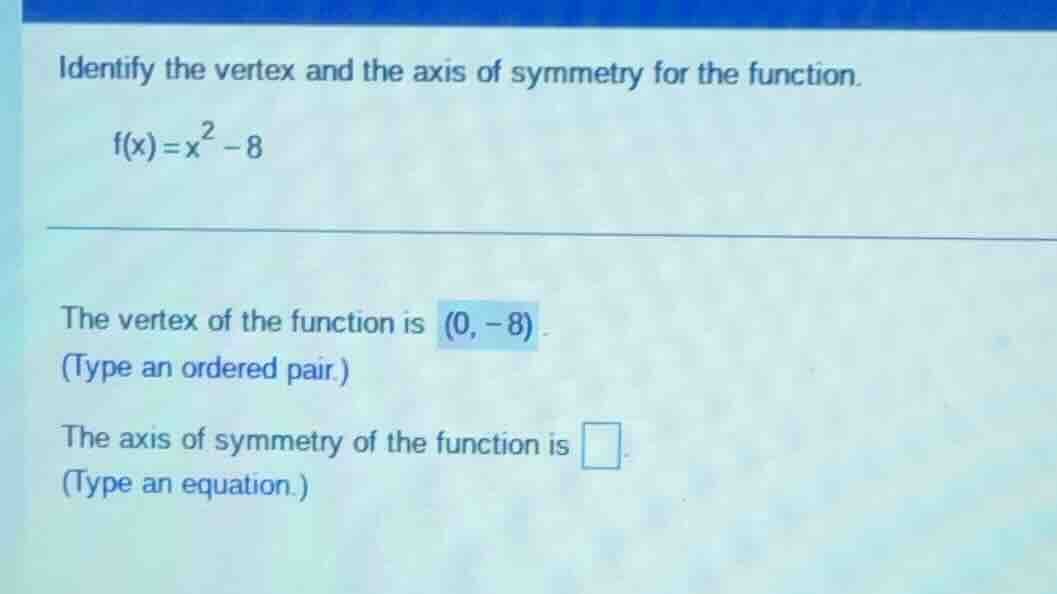 identify the vertex and the axis of symmetry for the function. $f(x)=x^…