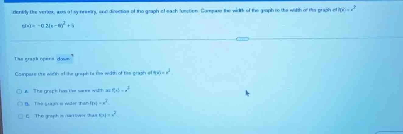 identify the vertex, axis of symmetry, and direction of the graph of ea…