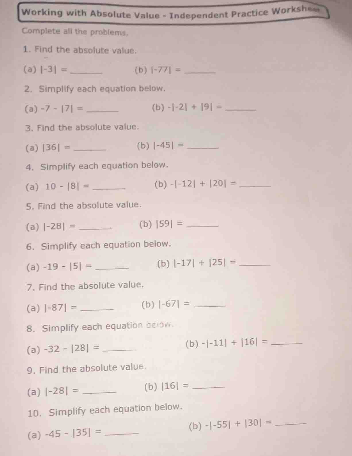 working with absolute value - independent practice worksheet complete a…