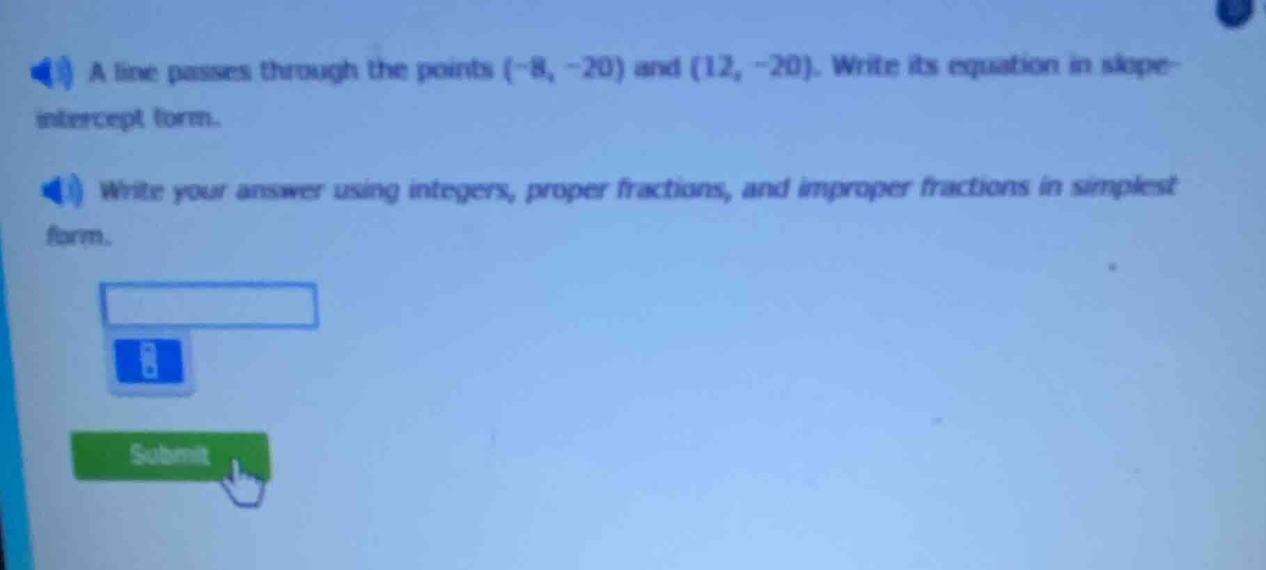 a line passes through the points (-8, -20) and (12, -20). write its equ…
