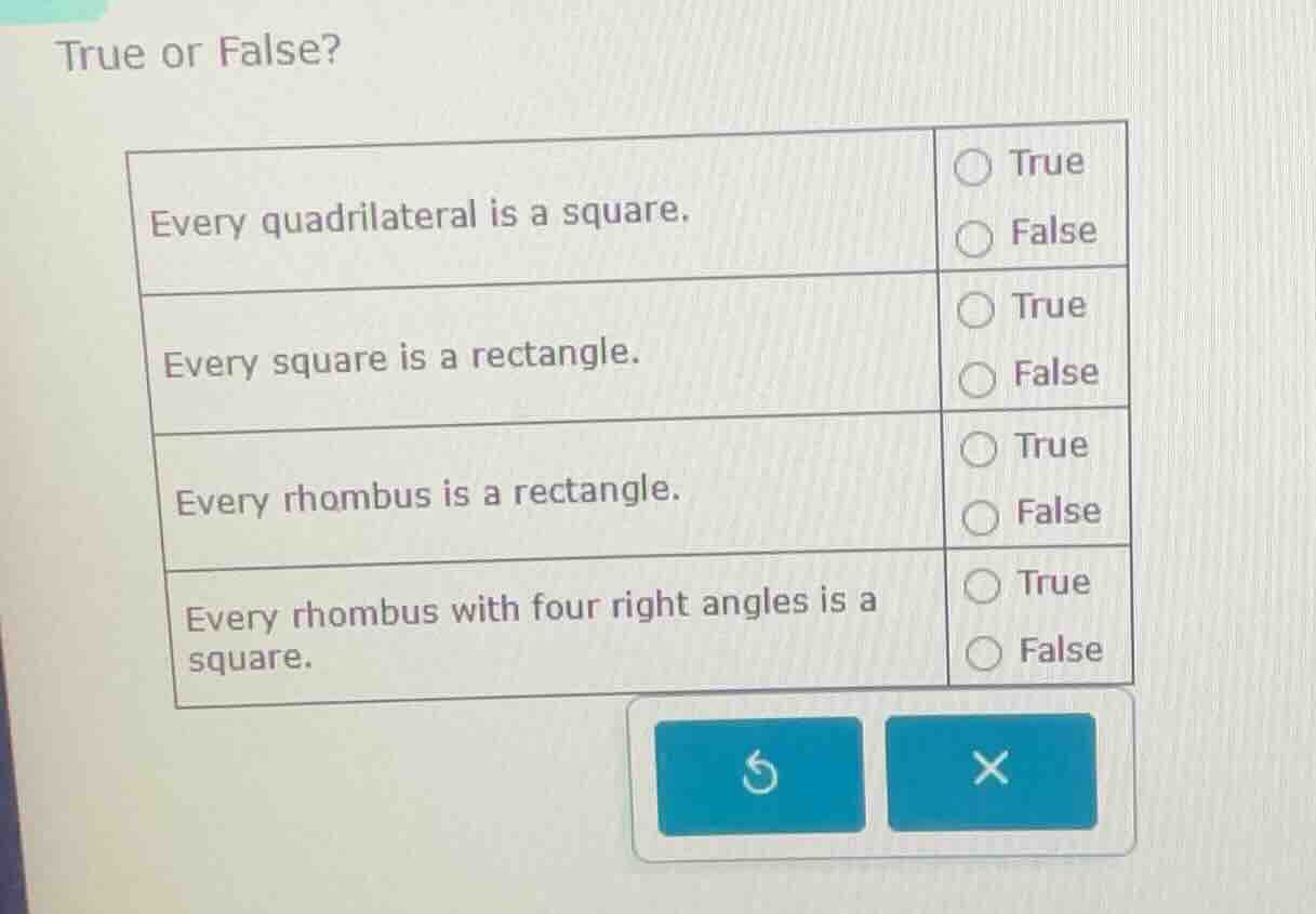 true or false? every quadrilateral is a square. \t\t\t○ true \t\t\t\t\t…