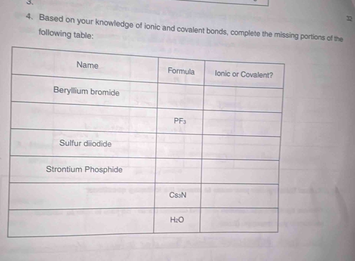 4. based on your knowledge of ionic and covalent bonds, complete the mi…
