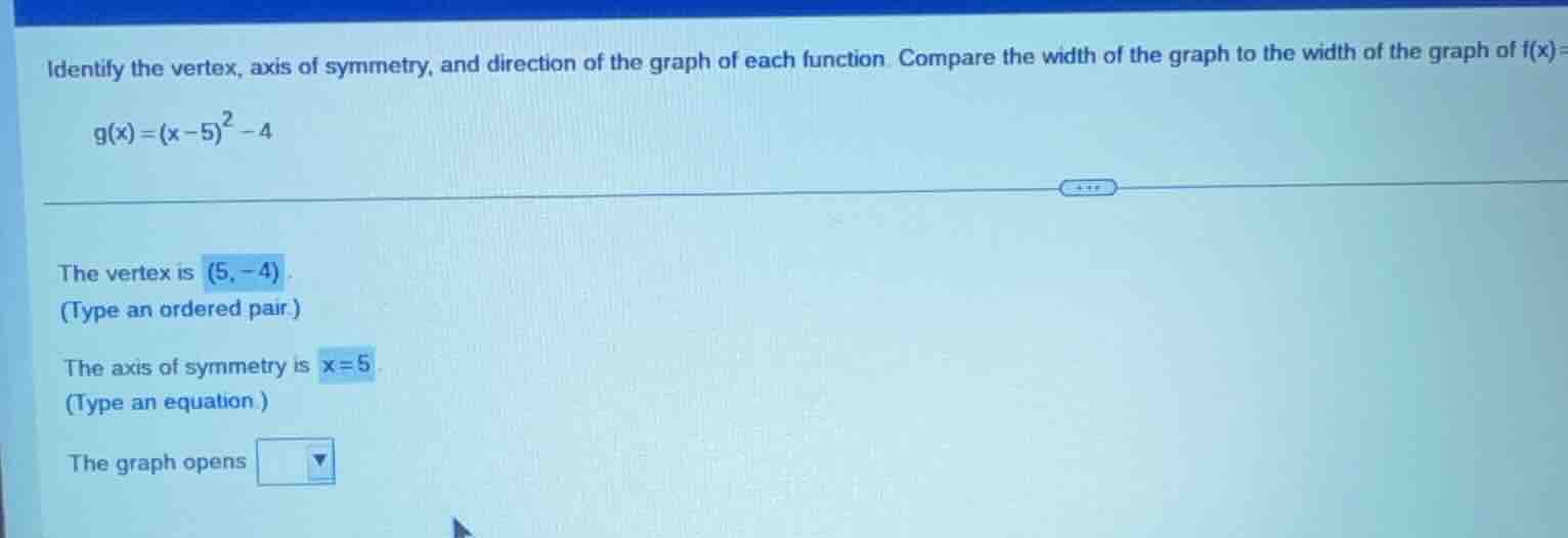identify the vertex, axis of symmetry, and direction of the graph of ea…