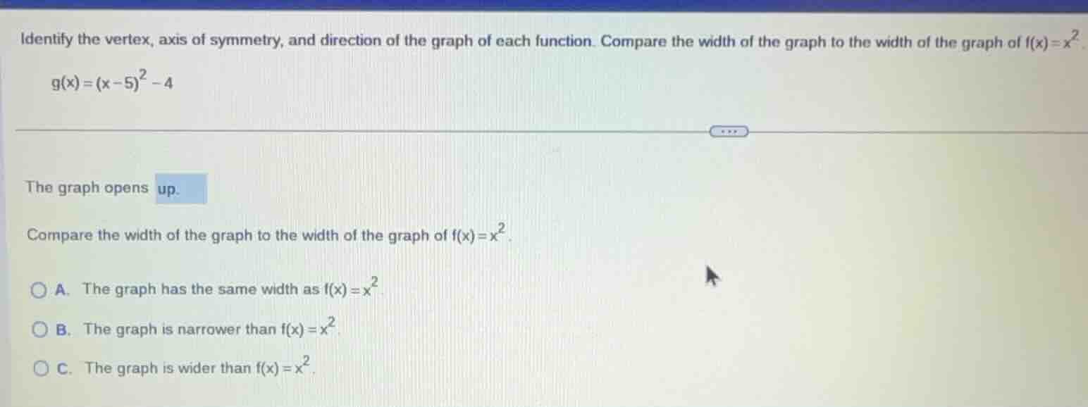 identify the vertex, axis of symmetry, and direction of the graph of ea…