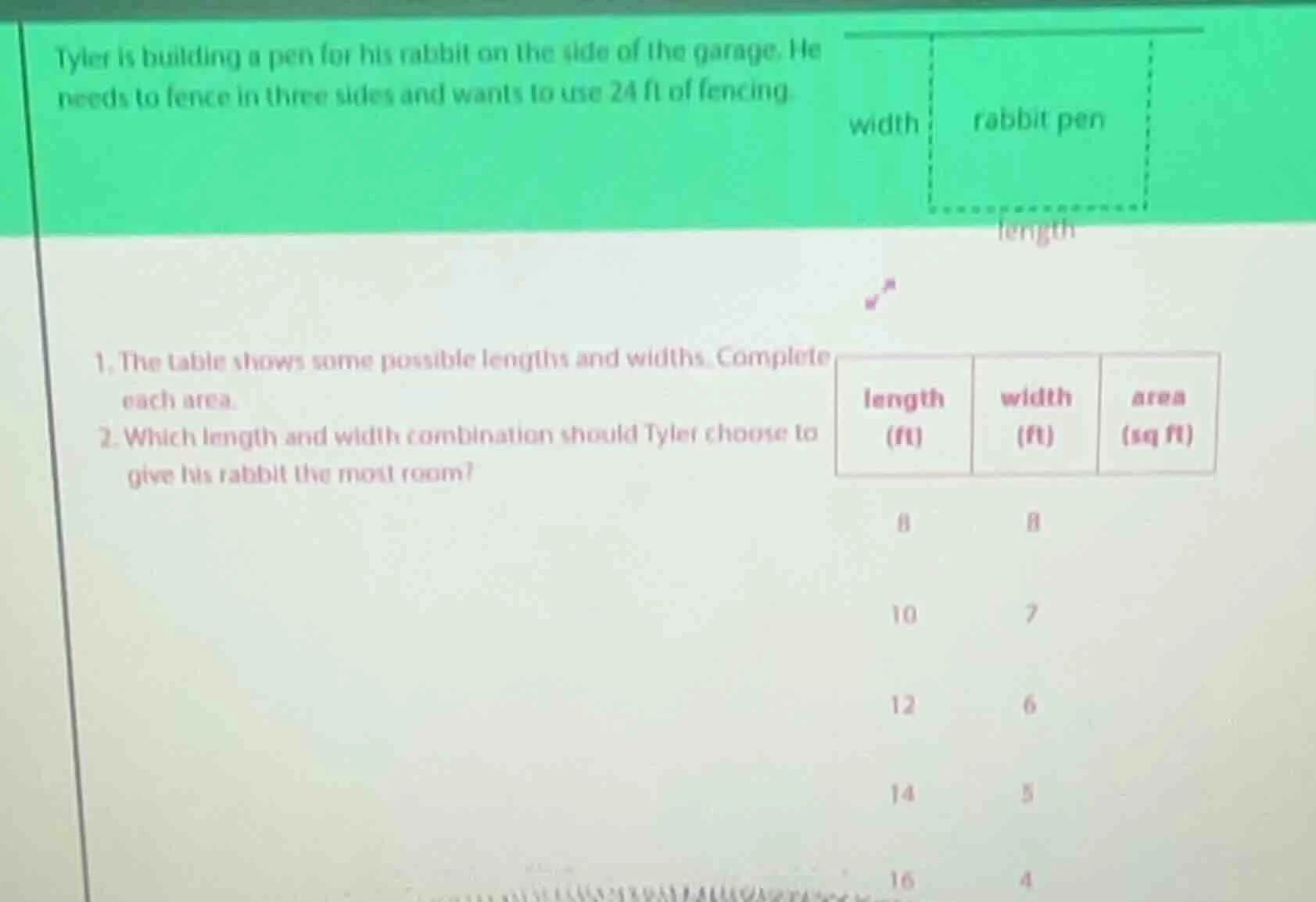 tyler is building a pen for his rabbit on the side of the garage. he ne…