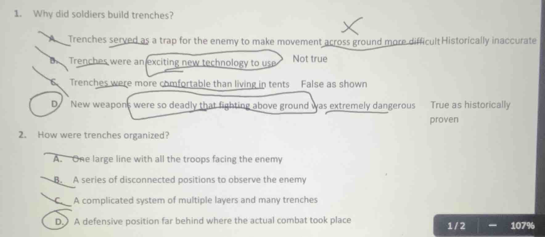 1. why did soldiers build trenches? a trenches served as a trap for the…