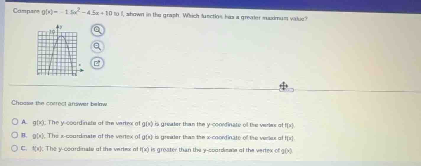 compare ( g(x) = -1.5x^2 - 4.5x + 10 ) to ( f ), shown in the graph. wh…