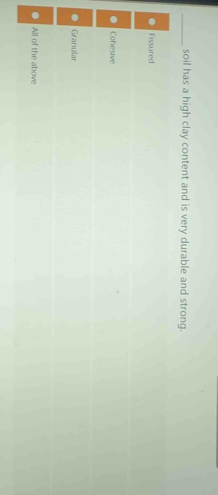 ____ soil has a high clay content and is very durable and strong. fissu…
