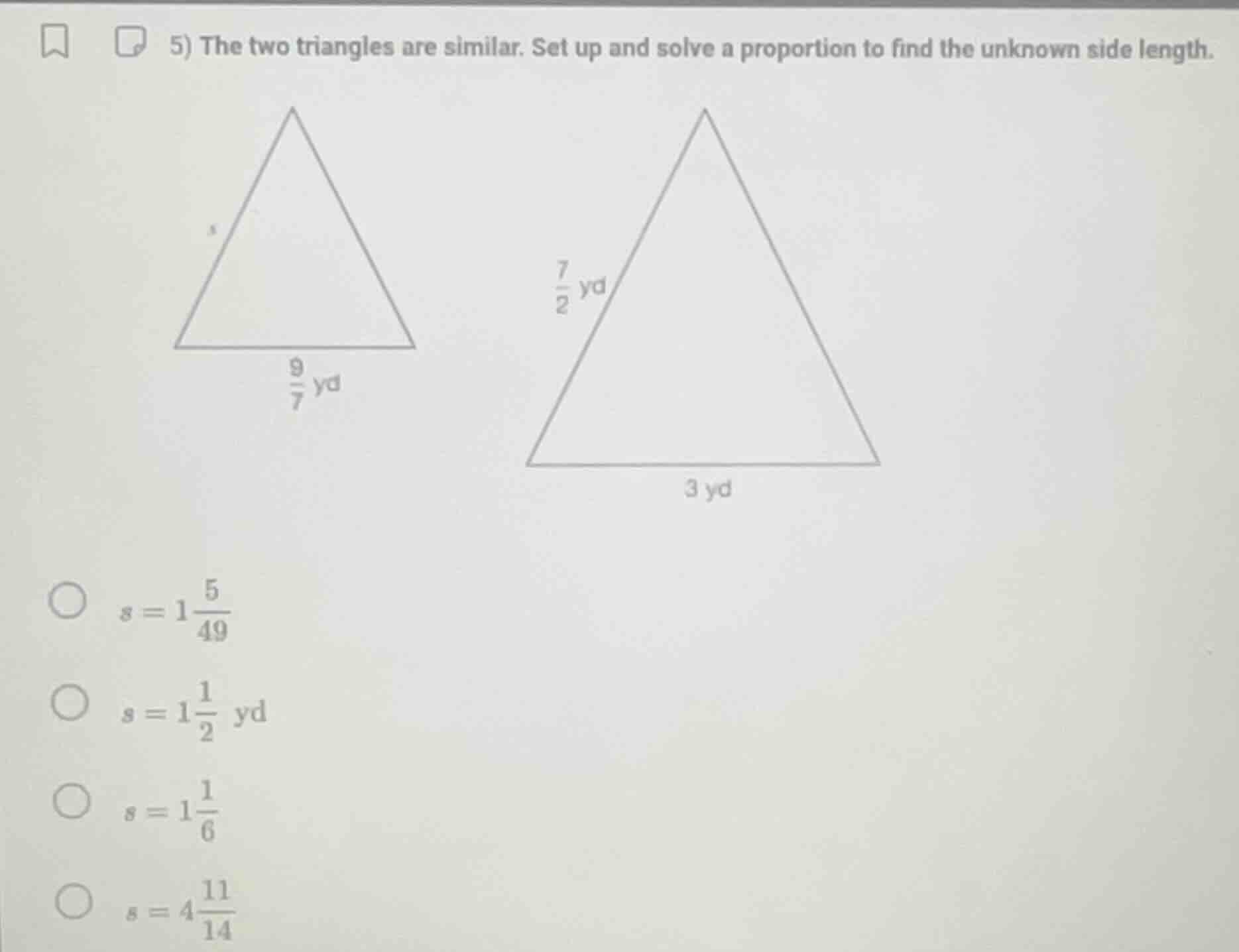5) the two triangles are similar. set up and solve a proportion to find…