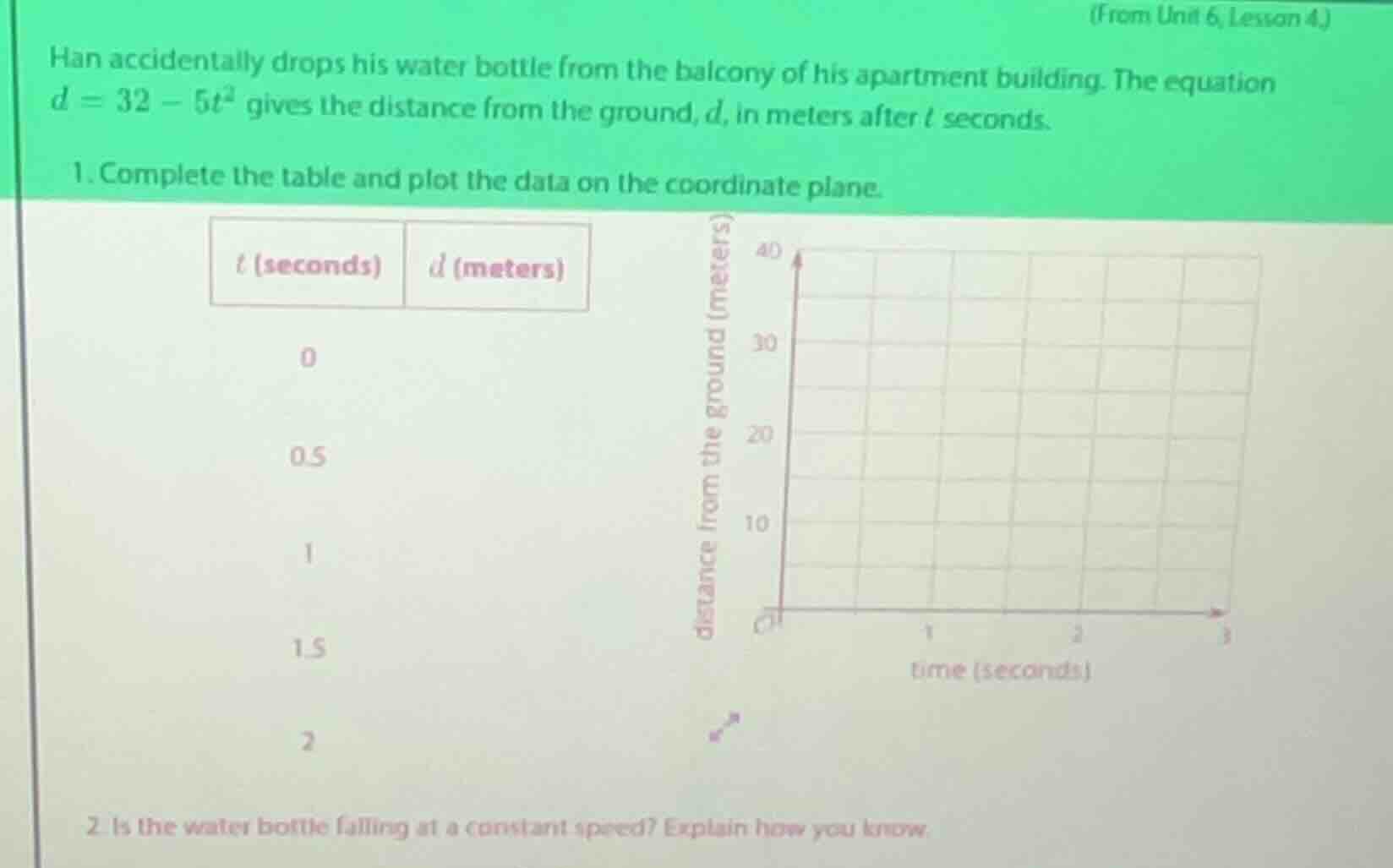 (from unit 6, lesson 4.) han accidentally drops his water bottle from t…