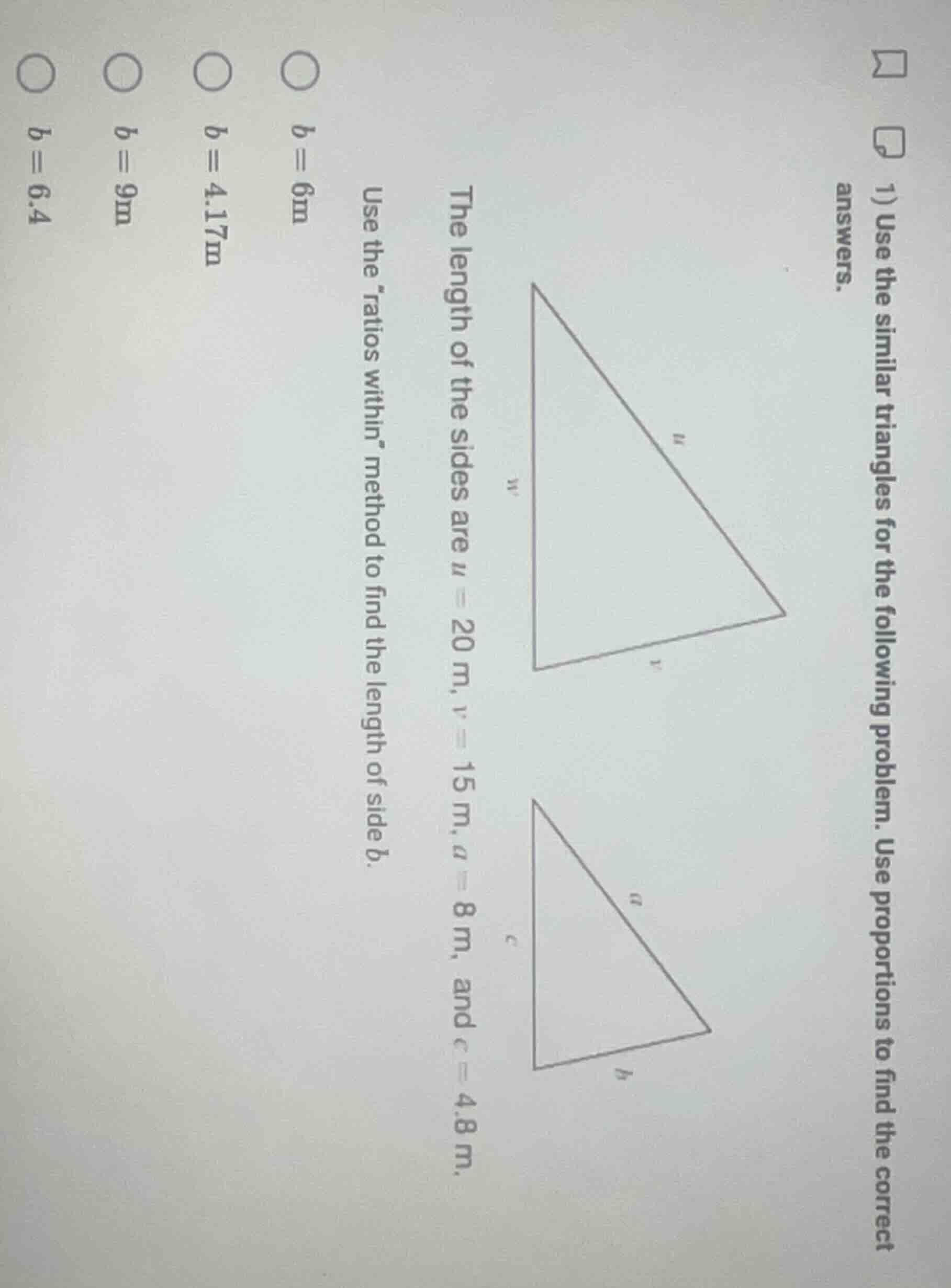 1) use the similar triangles for the following problem. use proportions…