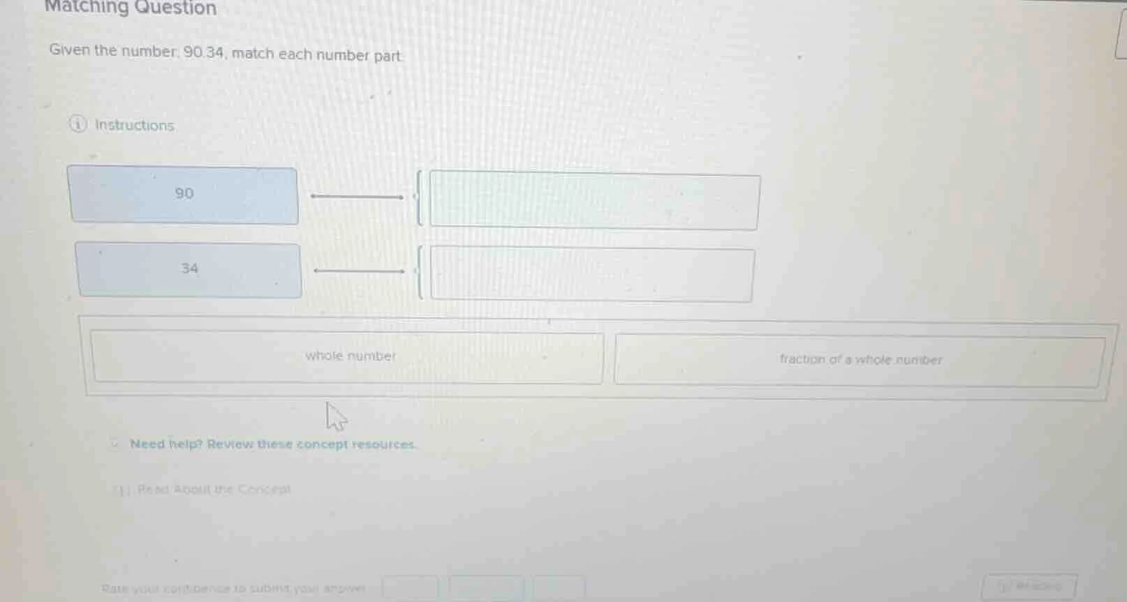 matching question given the number 90.34, match each number part. ① ins…