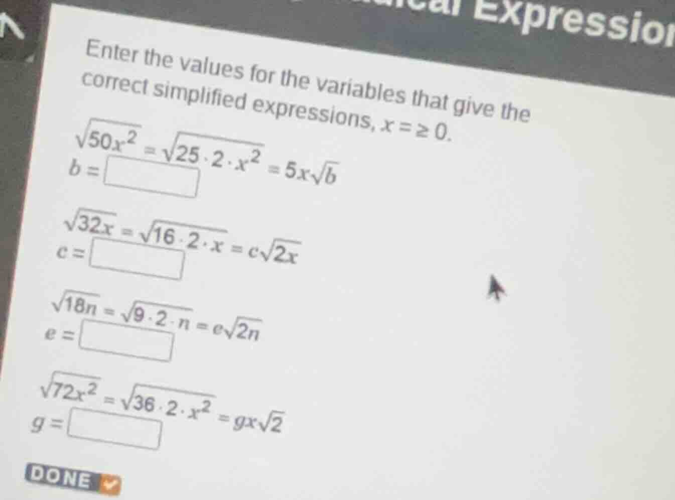 enter the values for the variables that give the correct simplified exp…
