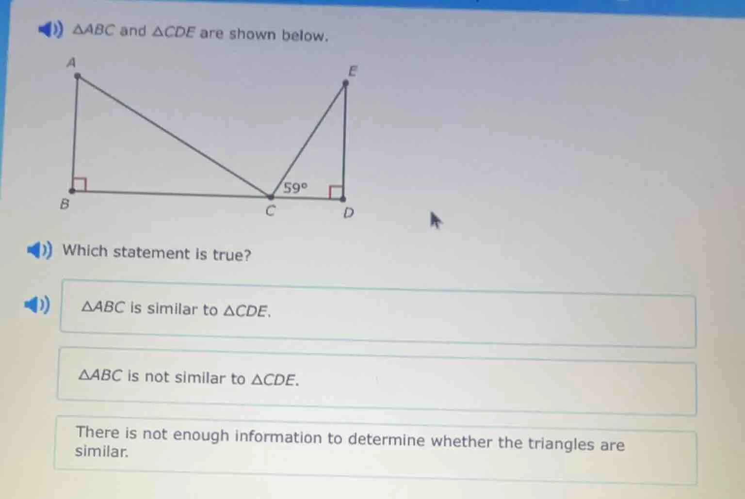 △abc and △cde are shown below. which statement is true? △abc is similar…